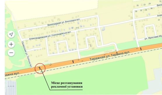 Схема рекламної площини за адресою ул.Тиражная, напротив Садового центра и шиномонтажа Схема рекламної площини за адресою ул.Тиражная, напротив Садового центра и шиномонтажа
