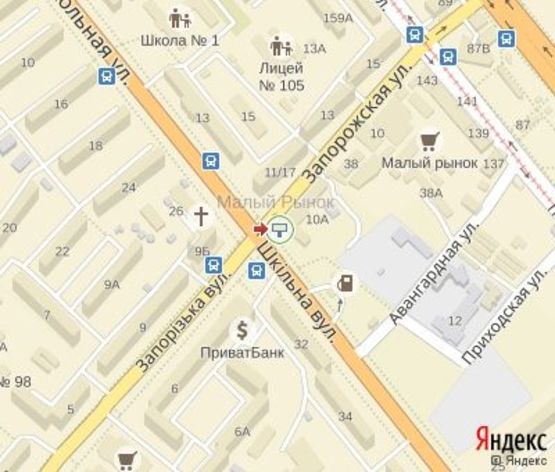 Схема рекламної площини за адресою Школьная ул.-Запорожская ЦЕНТРАЛЬНАЯ ЗОНА.(Направление "Малый ринок" и Проспект Соборный)