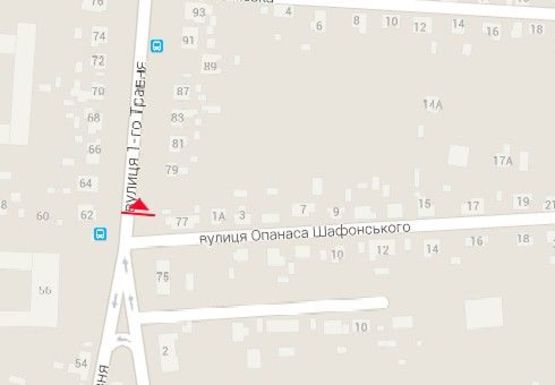 Схема рекламної площини за адресою 1 Мая ул. 77 - Афанасия Шафонского ул. - Молодчего ул., к центру Схема рекламної площини за адресою 1 Мая ул. 77 - Афанасия Шафонского ул. - Молодчего ул., к центру