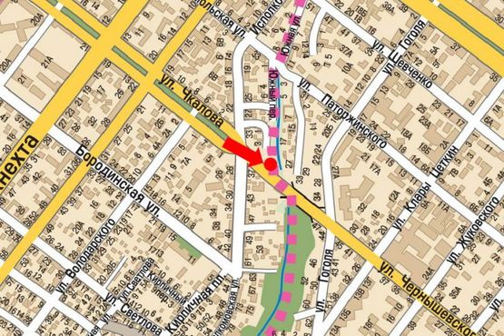 Схема рекламної площини за адресою Исполкомовская ул. / Чернышевского ул., из центра