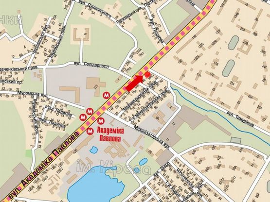 Схема рекламної площини за адресою Павлова ул. / Зубенка ул. (бывш. Тимуровцев ул.), из центра