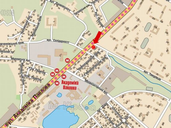 Схема рекламної площини за адресою Павлова ул. / Зубенка ул. (бывш. Тимуровцев ул.), в центр