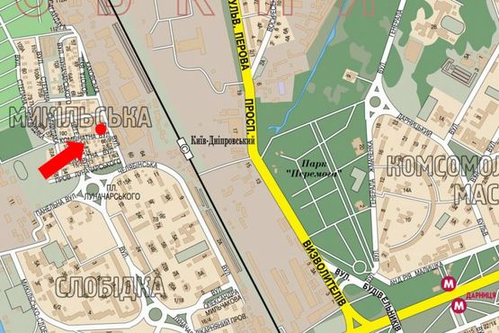 Схема рекламної площини за адресою Комбинатная ул. / Каховская ул., единственный выезд из Русановских садов в сторону ст. м. "Левобережная" Схема рекламної площини за адресою Комбинатная ул. / Каховская ул., единственный выезд из Русановских садов в сторону ст. м. "Левобережная"