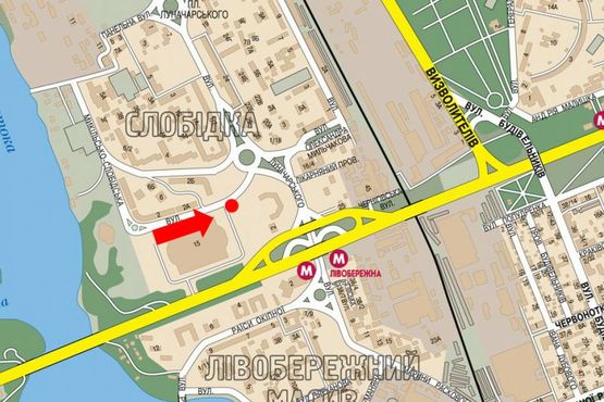 Схема рекламной плоскости по адресу Никольско-Слободская ул., 2В, от МВЦ в сторону Шептицкого ул. (бывш. Луначарского ул.), к ст. м. "Левобережная"