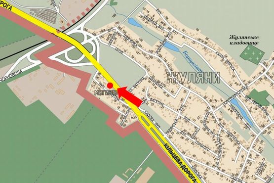 Схема рекламної площини за адресою Кольцевая дорога, перед Жулянским мостом над железной дорогой, в сторону Победы пр.