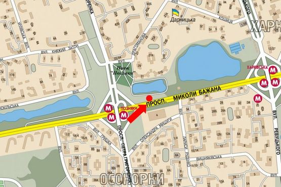 Схема рекламной плоскости по адресу Бажана пр., ст. м. "Позняки", левый, в сторону ст. м. "Харьковская"