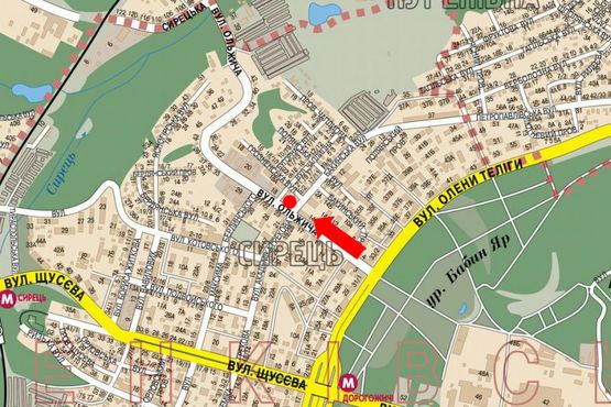 Схема рекламної площини за адресою Ольжича ул., 16 / Бакинская ул., супермаркет "Экомаркет", в сторону Сырецкая ул.