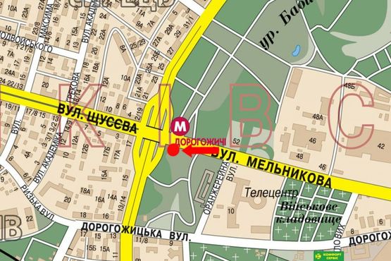 Схема рекламної площини за адресою Мельникова ул. / Телиги ул., ст. м. "Дорогожичи", из центра