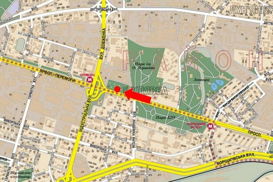 Схема рекламной плоскости по адресу Победы пр., 44-А, киностудия им. Довженко, напротив супермаркет "Эльдорадо", "Сильпо", из центра