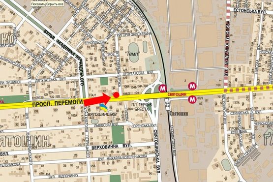 Схема рекламной плоскости по адресу Победы пр., 108/ 1, напротив супермаркет "Сильпо", "Фокстрот", в центр