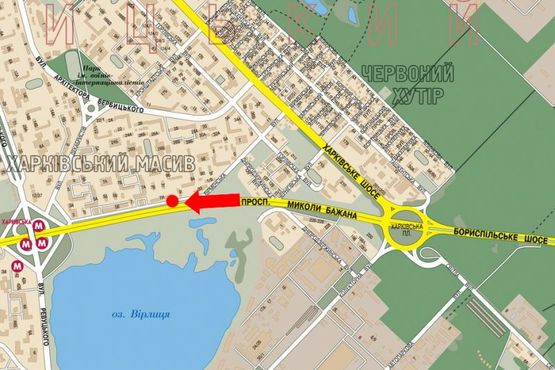 Схема рекламної площини за адресою Бажана пр., 7, напротив, в центр Схема рекламної площини за адресою Бажана пр., 7, напротив, в центр