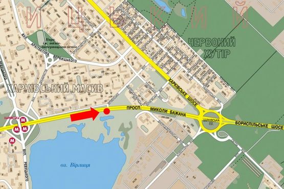 Схема рекламной плоскости по адресу Бажана пр., перед входом на ст. м. "Вырлица", в сторону Борисполя