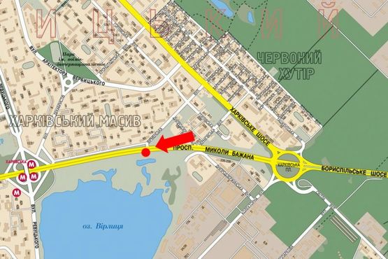 Схема рекламной плоскости по адресу Бажана пр., перед входом на ст. м. "Вырлица", в сторону Киева