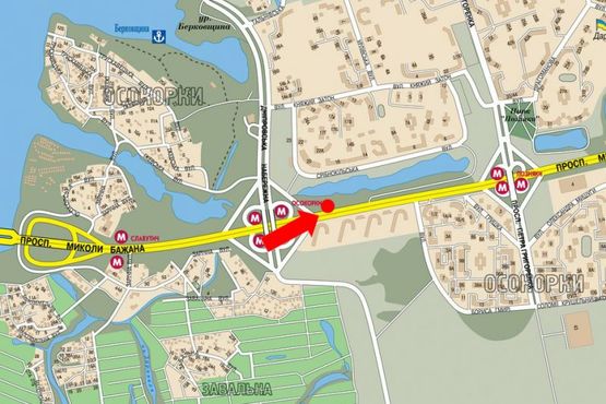 Схема рекламной плоскости по адресу Бажана пр., ст. м. "Осокорки", 300м от выезда на Днепровскую Набережную, из центра, правый