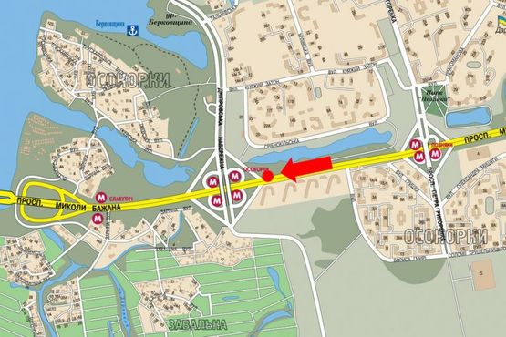 Схема рекламной плоскости по адресу Бажана пр., ст. м. "Осокорки", 80м до выезда на Днепровскую Набережную, в центр