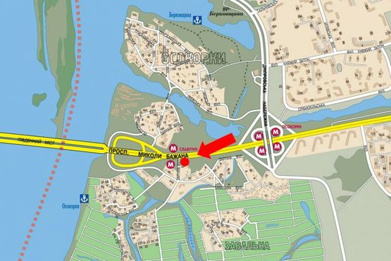 Схема рекламної площини за адресою Бажана пр., ст. м. "Славутич", в сторону моста Южного