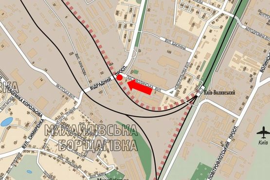 Схема рекламної площини за адресою Отрадный пр., 46А, напротив, возле АЗС WOG, в сторону Борщаговская ул.