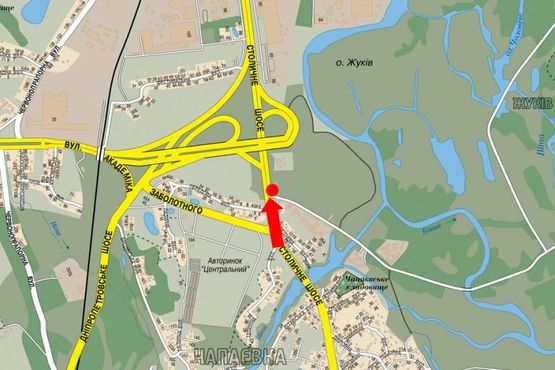 Схема рекламної площини за адресою Столичное шоссе, перед мостом по Заболотного ул., рядом ТРЦ "Домосфера", в центр, левый