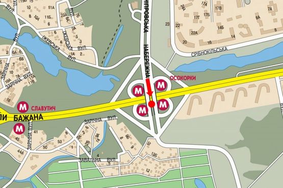 Схема рекламной плоскости по адресу Днепровская Набережная / Бажана пр., мост, разделитель, ст. м. "Осокорки", в сторону Коллекторная ул.