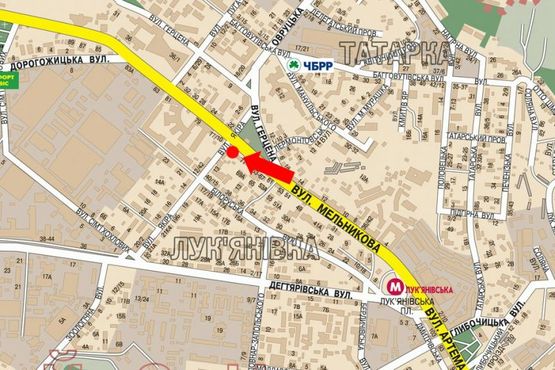 Схема рекламної площини за адресою Мельникова ул., 75 / Древлянская ул. (бывш. Якира ул.), в сторону КИМО, ст. м. "Дорогожичи"