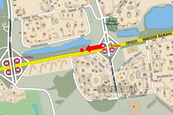 Схема рекламної площини за адресою Бажана пр. / Гмыри ул., 1-А, ст. м. "Позняки", в центр, правый