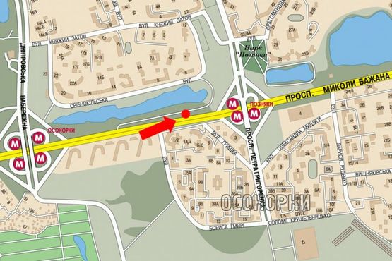 Схема рекламної площини за адресою Бажана пр. / Гмыри ул., 1-А, ст. м. "Позняки", из центра, левый