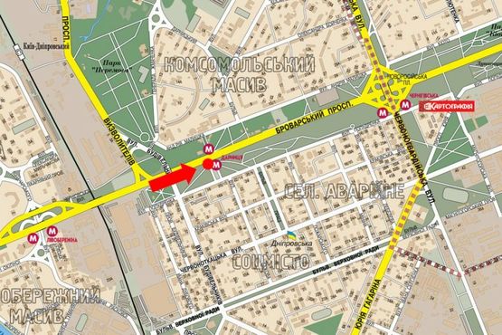 Схема рекламної площини за адресою Броварской пр., напротив ст. м. "Дарница", из центра