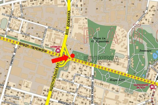 Схема рекламної площини за адресою Победы пр., 44, возле киностудии им. Довженко, напротив супермаркетов "Эльдорадо", "Сильпо", в сторону ст. м. "Политехнический институт"