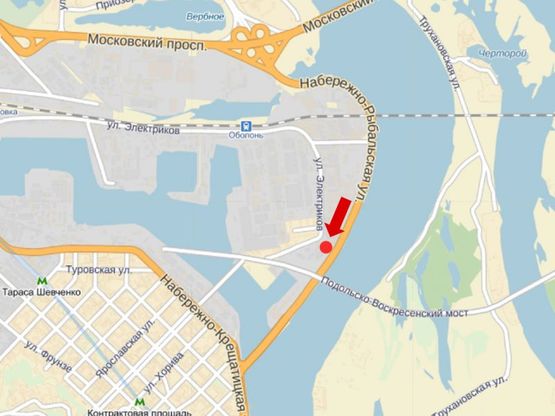 Схема рекламної площини за адресою Набережно-Рыбальская ул., возле теннисных кортов, в сторону в сторону Набережно-Крещатицкой