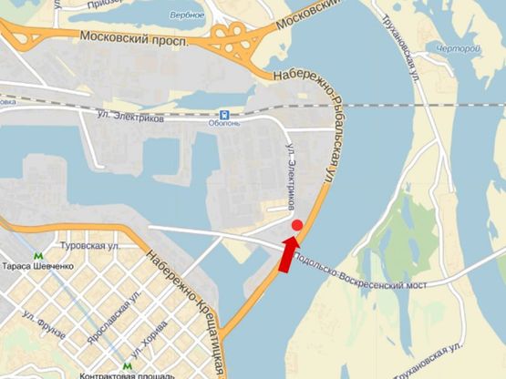 Схема рекламної площини за адресою Набережно-Рыбальская ул., возле теннисных кортов, в сторону в сторону в сторону моста Московского