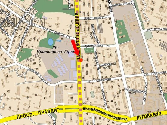 Схема рекламної площини за адресою Вышгородская ул., 38, напротив ЖК "Паркове місто", в сторону центра