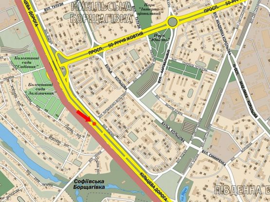 Схема рекламної площини за адресою Кольцевая дорога - Зодчих ул., 30, разделитель, возле рынка "Борщаговский", в сторону Одесская пл., левая