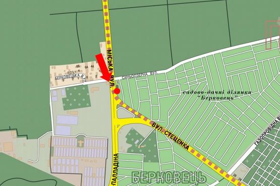 Схема рекламной плоскости по адресу Палладина ул. / Стеценка ул., на светофоре, возле магазина "Ашан", "Новус", "Эпицентр" - к Победы пр.