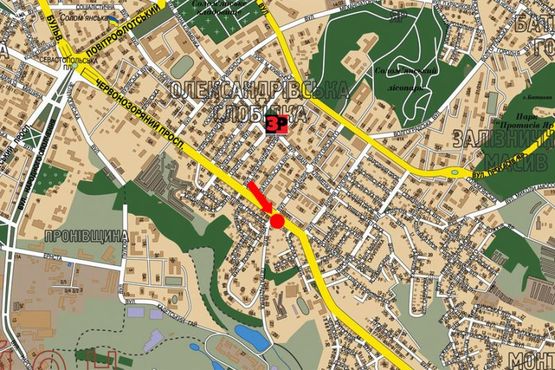 Схема рекламної площини за адресою Лобановского пр. (бывш. Краснозвездный пр.), 56, перед перекрестком сГоловка ул., в сторону Демеевская пл. (бывш. Московская пл.)