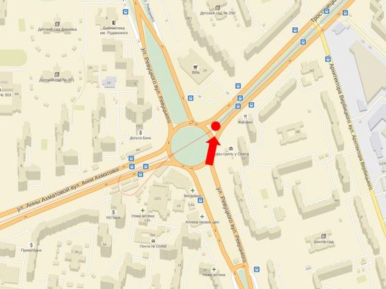 Схема рекламної площини за адресою Ревуцкого ул. / Тростянецкая ул., разделитель, возле супермаркета "Billa"