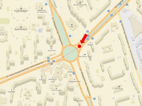 Схема рекламної площини за адресою Ревуцкого ул. / Тростянецкая ул., разделитель, возле супермаркета "Billa"