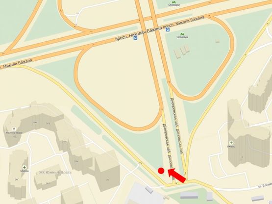 Схема рекламной плоскости по адресу Днепровская Набережная / Бажана пр., мост, разделитель, ст. м. "Осокорки", в сторону Бажана пр.