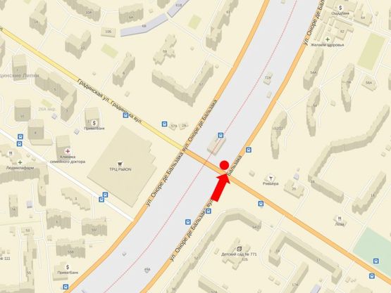 Схема рекламной плоскости по адресу Бальзака ул. / Сабурова ул., ТРЦ "Район", из центра Схема рекламной плоскости по адресу Бальзака ул. / Сабурова ул., ТРЦ "Район", из центра