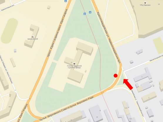 Схема рекламной плоскости по адресу Верховного Совета бул. / Хоткевича ул. (бывш. Красногвардейская ул.), в сторону ТЦ "Проспект", супермаркетов "Фокстрот", "Ашан", ст. м. "Черниговской"