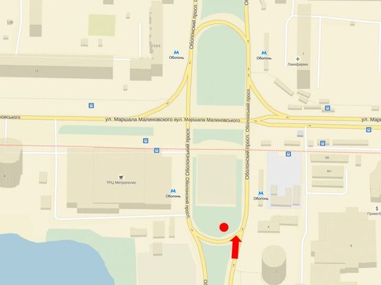Схема рекламної площини за адресою Оболонский пр. / Малиновского. ул. , разделитель, ст. м. "Оболонь", в сторону ст. м. "Минская"