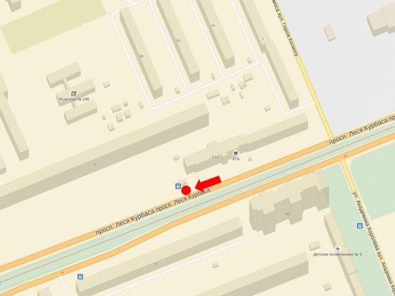 Схема рекламної площини за адресою Курбаса пр., 4, 200 м до развязки с Юры ул., возле супермаркета "АТБ" Схема рекламної площини за адресою Курбаса пр., 4, 200 м до развязки с Юры ул., возле супермаркета "АТБ"