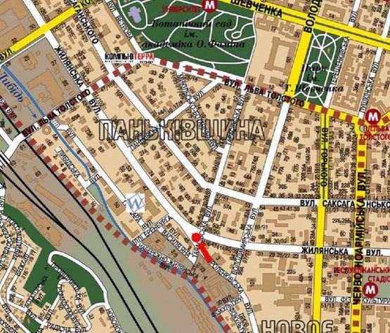 Схема рекламної площини за адресою Короленковская ул. / Жилянская ул., разделитель, в сторону Саксаганского ул.