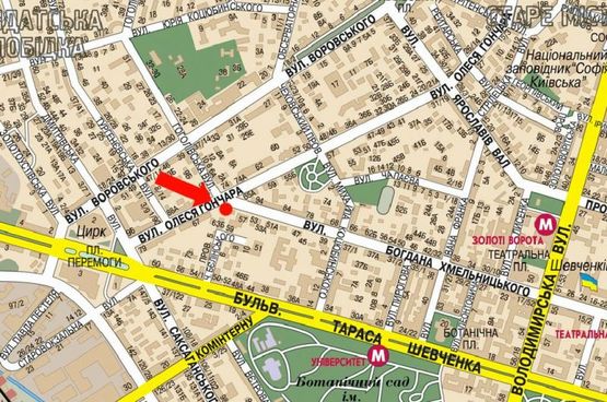 Схема рекламної площини за адресою Хмельницкого ул., 61 / Гончара ул., в сторону Крещатик ул.