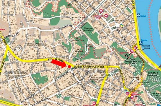 Схема рекламної площини за адресою Сечевых Стрельцов ул. (бывш. Артема ул.), 1/ 5, Львовская пл., заезд на Бульварно-Кудрявская ул. (бывш. Воровского ул.), в сторону Б. Житомирская ул.