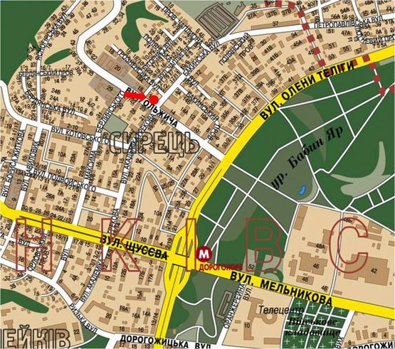 Схема рекламної площини за адресою Ольжича ул., 16 / Бакинская ул., супермаркет "Экомаркет", в сторону Телиги ул.