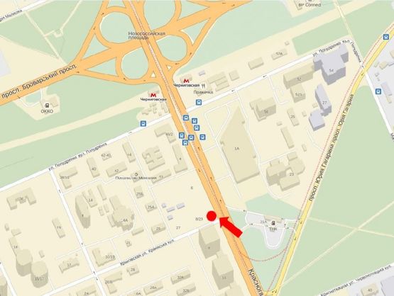 Схема рекламной плоскости по адресу Хоткевича ул. (бывш. Красногвардейская ул.), 8/ 29, напротив супермаркета "Новус", в сторону ст. м. "Черниговская"