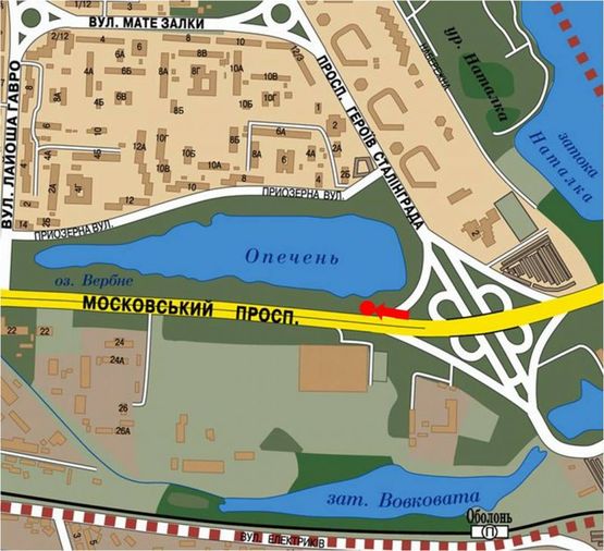 Схема рекламної площини за адресою Бандеры пр. (бывш. Московский пр.), выезд с Героев Сталинграда пр., в сторону ст. м. "Почайна" (бывш. ст. м. "Петровка"), правый