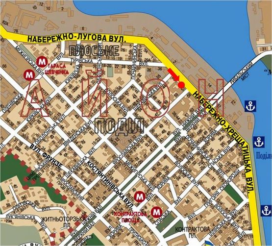 Схема рекламной плоскости по адресу Набережно-Крещатикская ул. / Ярославская ул., в сторону Почтовая пл.