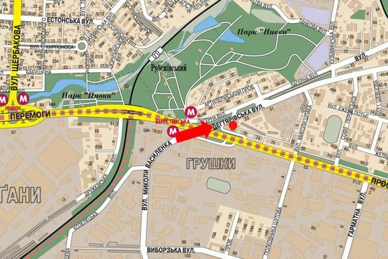 Схема рекламної площини за адресою Дегтяревская ул., 55 / Победы пр., разделитель, ст. м. "Берестейская", в сторону ст. м. "Лукьяновская"