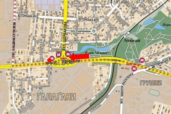 Схема рекламної площини за адресою Победы пр., 86, ст. м. "Нивки", в сторону ст. м. "Святошино"